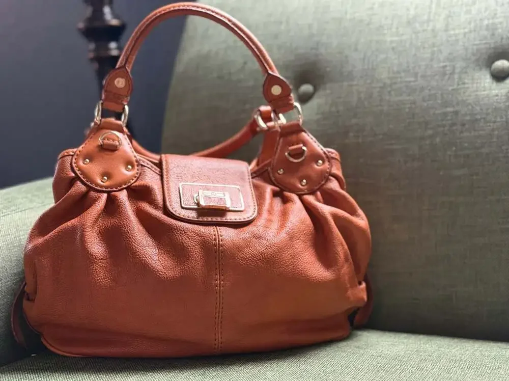 Antonio Melani Cognac Tan Leather Hobo Satchel Bag Gold Hardware Turn Lock